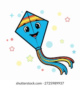 Personaje de cometa voladora azul de punto de arte pop de medio tono con larga cola colorida en el cielo, Ilustración vectorial