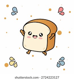 Meio-tom pop art ponto pão fatia personagem correndo com expressão facial feliz, ilustração vetorial.