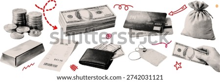 Halftone pop art dot business finance objects including cash coin wallet creditcard safe receipt and money bag vector illustration