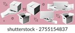 Halftone pop art dot cardboard box open box closed box delivery package shipping logistics ecommerce vector illustration