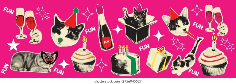 Halftone pop art dot champagne glass wine glass party hat bottle cake candle gift box cat celebration birthday party elements vector illustration