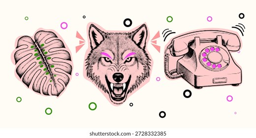 Halbton, Pop-Art, Punktcollage mit wütendem Wolfskopf, tropischem Blatt und Telefon, Vektorgrafik