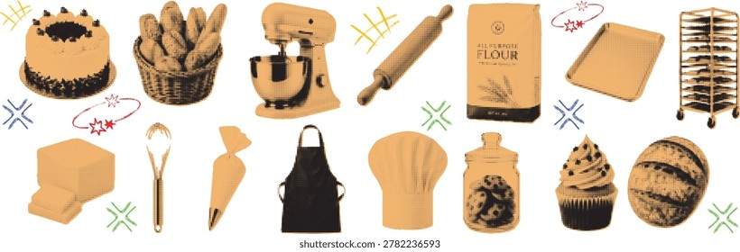 Halftone, pop art, dot, halftone collage elements set. Cut out bakery baking equipment dessert bread collection vector illustration
