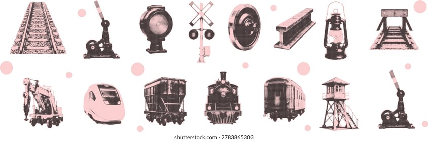 Halftone pop art dot halftone collage elements set cut out railway transport collection vector illustration