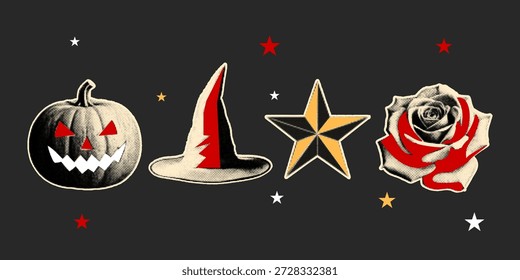 Halbton, Pop-Art, Punktkollektion mit Kürbis, Hexenhut, Stern und Rosenblumen, Vektorgrafik