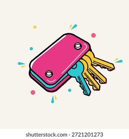 Halftone pop art dot compact key organizer and holder with various colorful metal keys, vector illustration