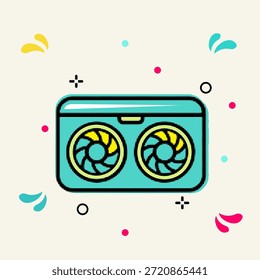 Tarjeta gráfica de computadora de punto de arte pop de medio tono con doble Ilustración vectorial de ventiladores de refrigeración