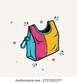 Halftone Pop Art Dot-Design einer bunten wiederverwendbaren Einkaufstasche in Rosa Blau und Gelb, Vektorgrafik