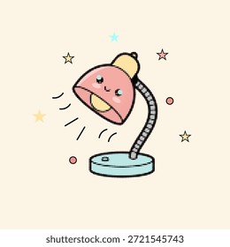 Meio-tom pop art ponto mesa personagem lâmpada com um rosto sorridente e estrelas brilhantes em um estilo divertido ilustração vetorial