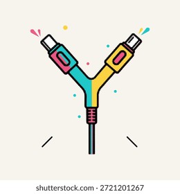 Meio-tom pop art ponto duplo usb carregando divisor de cabo para vários dispositivos eletrônicos, ilustração vetorial