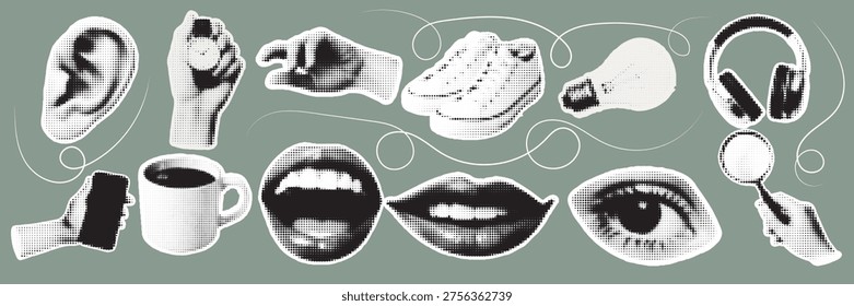 Halftone pop art dot ear hand pointing finger shoe light bulb headphones magnifier mirror eye lips cup phone objects set vector illustration
