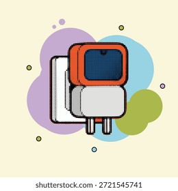 Meio-tom pop art ponto elétrico plug e adaptador em um fundo abstrato colorido para conceitos de energia ilustração vetorial