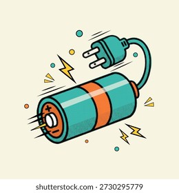 Batería eléctrica del punto del arte pop del semitono conectada al enchufe con las chispas para la Ilustración vectorial de poder