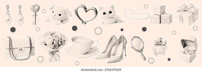 halftone, pop art, dot elegant fashion collection with earring necklace handbag heel perfume and mirror luxury set vector illustration