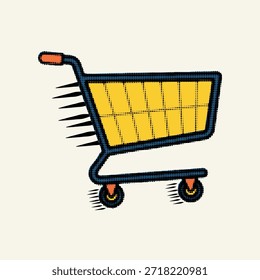 Halftone Pop Art Dot schnell bewegten Warenkorb Trolley mit Geschwindigkeit Linien zum Verkauf Konzept, Vektorgrafik