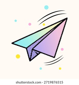 Meio-tom pop art ponto voando plano de papel com linhas de movimento e colorido confete fundo vetor ilustração