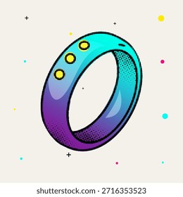 Halftone pop art dot gradient purple and blue smart ring wearable technology with yellow accent dots, vector illustration