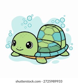 Halftone pop art punto verde tortuga marina nadando bajo el agua con burbujas y sonrisa, Ilustración vectorial