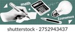 Halftone pop art dot hand writing pen paper calculator lightbulb mathematics education concept vector illustration