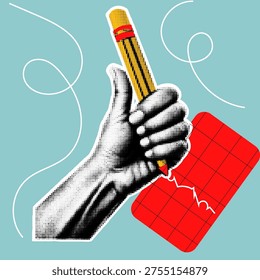 Halftone pop art dot hand holding pencil writing drawing idea creativity design concept vector illustration