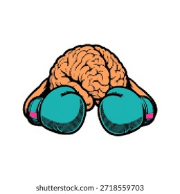 Halftone, arte pop, cerebro humano del punto que lleva los guantes de boxeo para la Ilustración vectorial del concepto de la fuerza mental