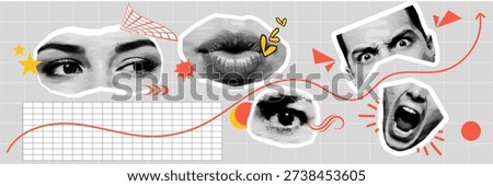 Halftone, pop art, dot human expression collage with eye, lip and face emotion in modern abstract composition, vector illustration