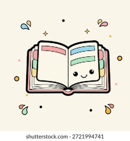 Ilustración del punto del arte pop del semitono del libro de estudio abierto con los marcadores coloridos y la cara linda, Ilustración vectorial
