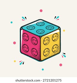 Meio-tom pop art ponto isométrico colorido soquete de energia cubo com várias tomadas para eletricidade, ilustração vetorial