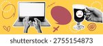 Halftone pop art dot laptop computer keyboard typing hands speech bubble online work communication technology vector illustration