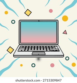 Icono de computadora portátil de punto de arte pop de medio tono con fondo de Formas geométricas coloridas, Ilustración vectorial