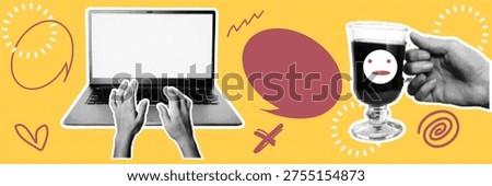 Halftone pop art dot laptop computer keyboard typing hands speech bubble online work communication technology vector illustration
