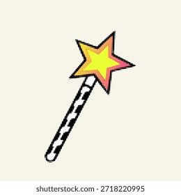 Halftone pop art dot magic wand stick with yellow star and sparkles on white background, vector illustration