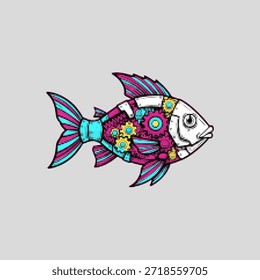 Meio-tom, arte pop, ponto peixe mecânico com engrenagens e engrenagens steampunk conceito vetor ilustração
