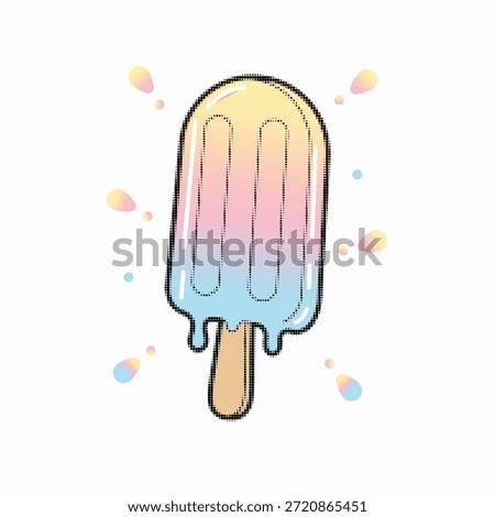 Halftone pop art dot melting pastel popsicle ice cream on a wooden stick vector illustration