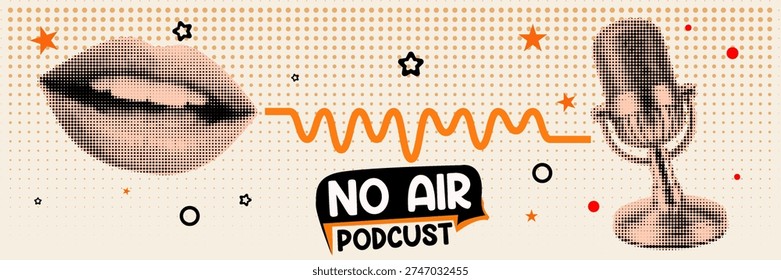 Halftone pop art dot microphone podcast lips voice audio broadcast radio communication vector illustration