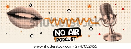 Halftone pop art dot microphone podcast lips voice audio broadcast radio communication vector illustration