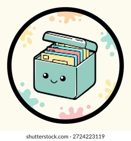 Carácter de la caja de presentación de la oficina del punto del arte pop del medio tono con las carpetas coloridas y una cara sonriente feliz linda, Ilustración vectorial.