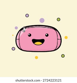 Meio-tom pop art ponto cor-de-rosa lápis caso caractere com zíper e rosto sorridente feliz, ilustração vetorial.