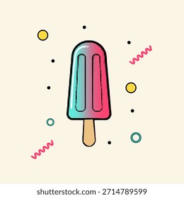 Punto del arte pop del semitono, paleta, Ilustración vectorial colorida de un helado dulce y refrescante en un palillo con un fondo juguetón del patrón del semitono, Ilustración vectorial