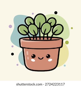 Personaje de planta en maceta de punto de arte pop de medio tono con hojas verdes y cara sonriente, Ilustración vectorial