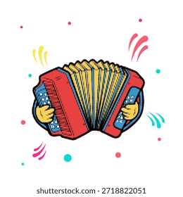 Instrumento musical de acordeón rojo y azul con fuelle amarillo y Ilustración vectorial de confeti