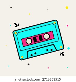 Halftone pop art dot retro teal and pink music cassette tape with decorative dots and geometric shapes, vector illustration