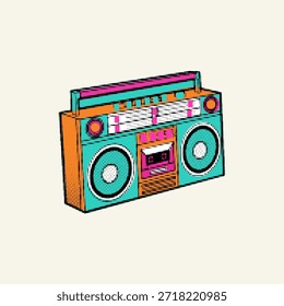 Radio boombox del reproductor de casete retro del punto del arte pop del halftone con los altavoces estéreo y la manija, Ilustración vectorial