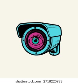 Halftone pop art dot security camera with watching eye inside lens for surveillance concept, vector illustration