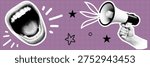 Halftone pop art dot shouting mouth megaphone loud announcement communication concept vector illustration