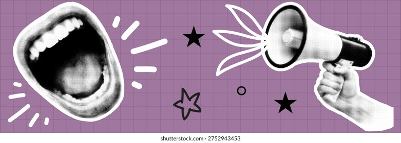 Halftone pop art dot shouting mouth megaphone loud announcement communication concept vector illustration