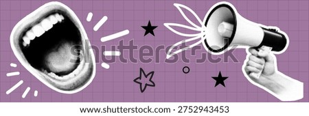 Halftone pop art dot shouting mouth megaphone loud announcement communication concept vector illustration