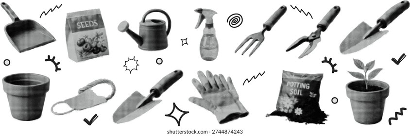 Halftone pop art dot shovel wateringcan sprayer rake trowel glove pot soil seedling gardening tool set vector illustration