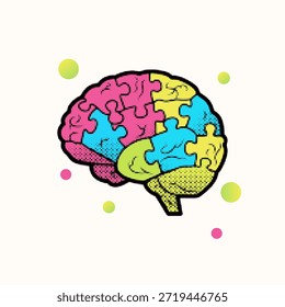 Halftone pop art dot estilo cerebro humano hecho de piezas de rompecabezas de colores concepto de Ilustración vectorial
