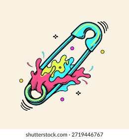 Pin de seguridad abierto del estilo del punto del arte pop del semitono con la Ilustración vectorial colorida del efecto del chapoteo de la pintura